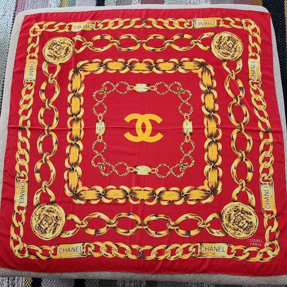 CHANEL Accessories - Vintage Chanel Silk Scarf 34x34 Red/Gold Chains Rue Cambon Paris Authentic